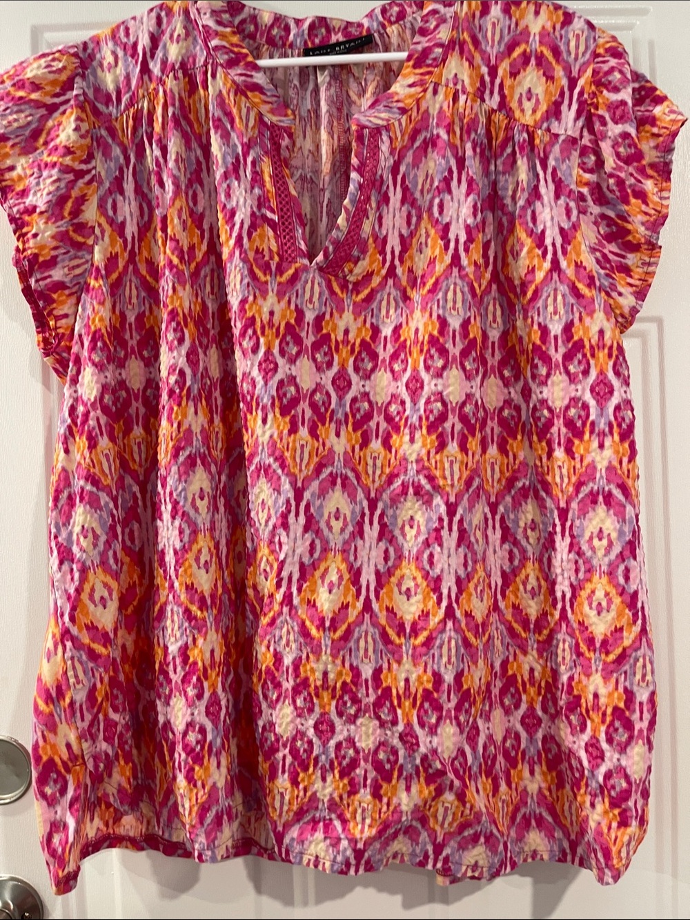 Lane Bryant Pink and Yellow Ikat Flutter Sleeve Tunic